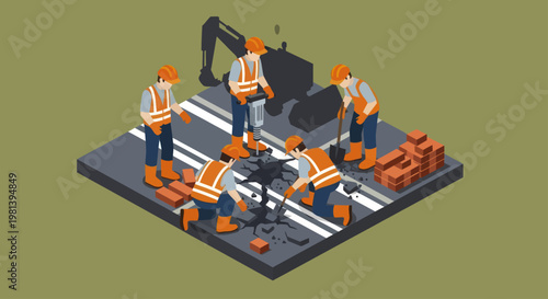 Construction workers busy on a road repair project isometric view.