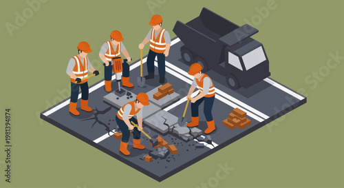 Construction workers performing road repair with heavy machinery and tools.