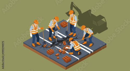 Construction workers performing road maintenance with heavy machinery.
