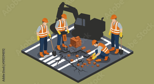 Construction workers repairing a damaged road with heavy machinery.