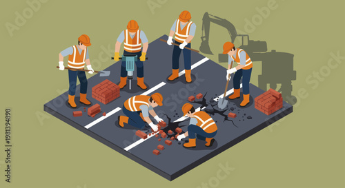 Construction workers performing road repair work with heavy machinery and tools.