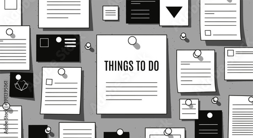 Things to do list on bulletin board with sticky notes and paper pins illustration.