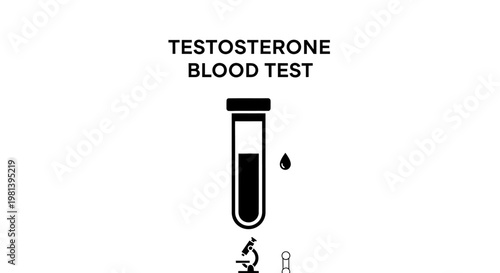Testosterone blood test icon with vial, blood drop, and microscope symbols.