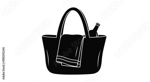 A black tote bag with a bottle and towel