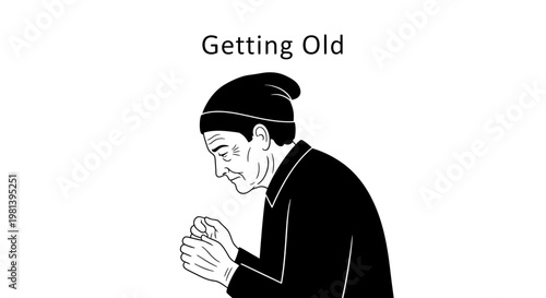 Old woman with wrinkled face and beanie hat profile illustration.