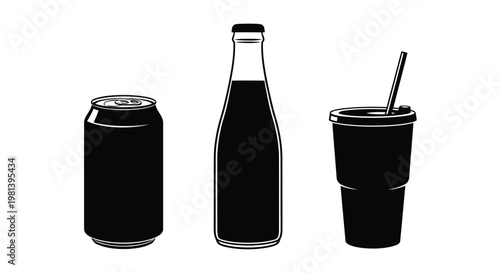 A can, bottle, and cup with a straw are shown