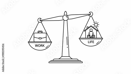Work life balance concept illustration with scales weighing a briefcase and a person meditating at home.