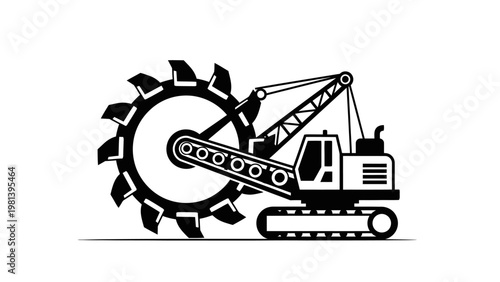 Heavy duty bucket wheel excavator illustration, industrial mining machine vector icon.