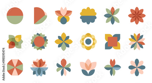 A collection of 16 different colorful flower designs