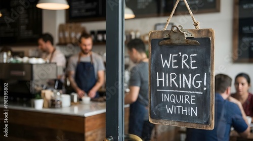 Job Opportunity Sign in a Cozy Coffee Shop with Staff at Work