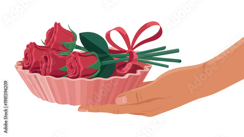 Hand holding a pink bowl with red roses and a ribbon thank you offering decoration arrangement appreciation celebration special occasion