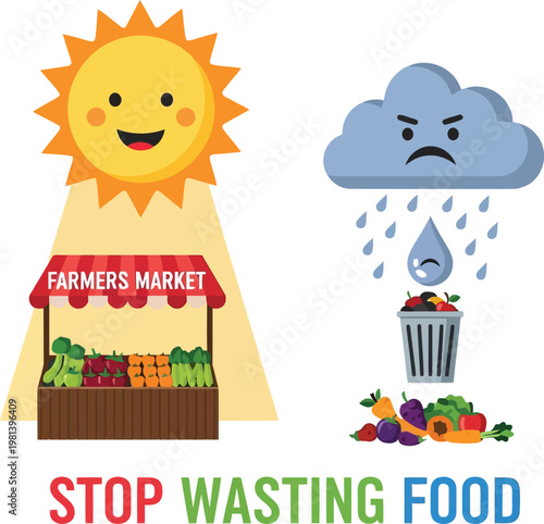 Stop Food Waste Concept Illustration Featuring Farmers Market Stall Versus Trash Bin With Spoiled Vegetables