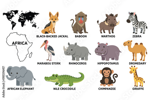 African animals and world map illustration showing continent locations educational.