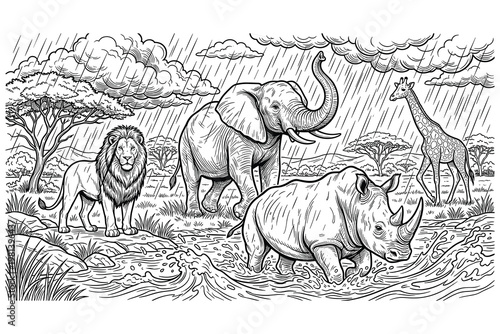 African savanna animals landscape with lion elephant rhino and giraffe under heavy rain.