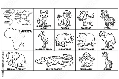 African wildlife educational coloring page set featuring animals in map grid arrangement.