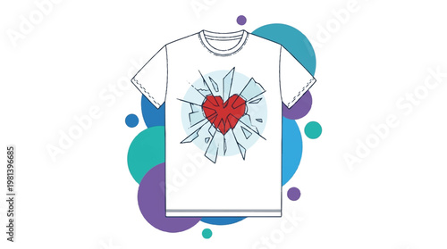 White t-shirt with a cracked red heart graphic and abstract circles background t shirt clothing abstract background isolated template creative