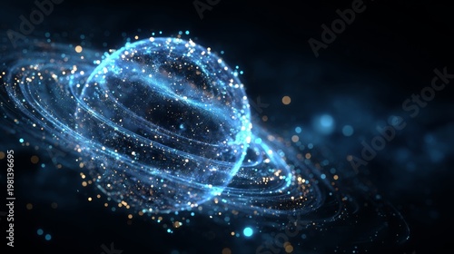 Glowing blue energy sphere with orbital rings and star particles for science concepts in a cosmic setting