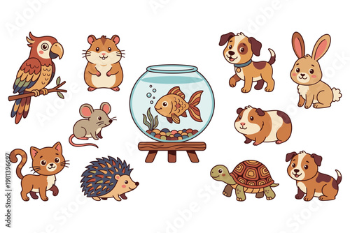 Collection of domestic animals and pets in cartoon style for children vector.
