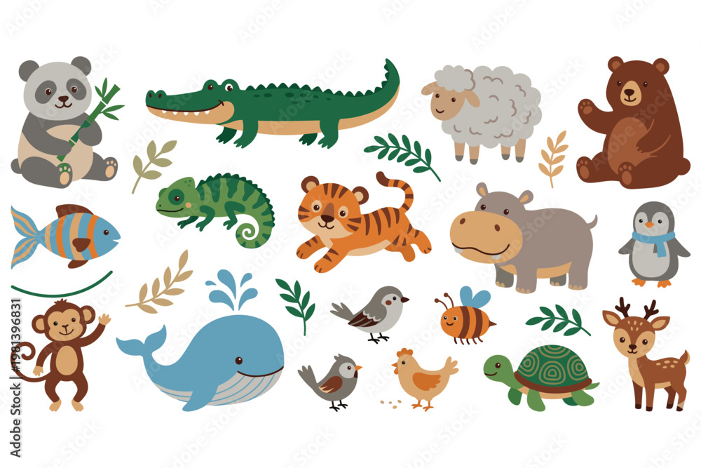 Obraz premium Cute cartoon animal set with panda crocodile bear penguin whale and farm friends on white.