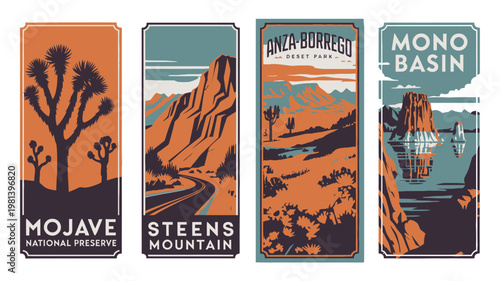 A collection of vintage style travel posters featuring national parks and monuments in California