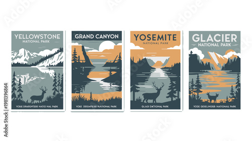 Four national park posters featuring iconic American landscapes and wildlife in a vintage travel style