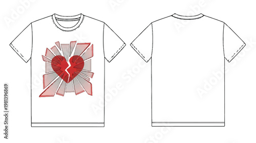 Front and back view of a white t-shirt with a graphic design of a broken red heart with radiating lines t shirt valentines day apparel design