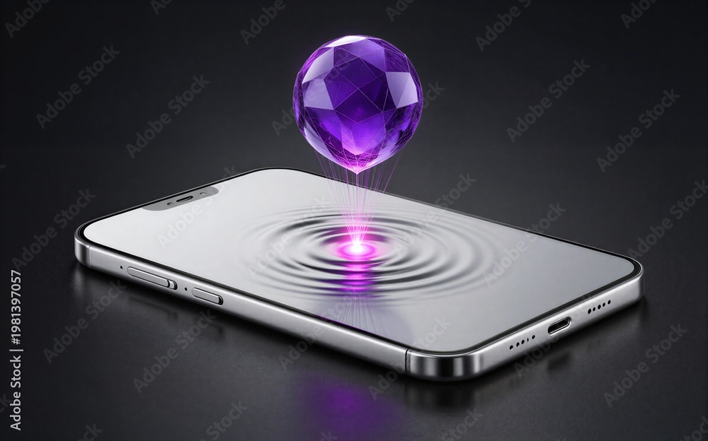 Fototapeta premium Purple crystal hovers above smartphone emitting glowing energy waves.
