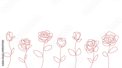 Line art illustration of seven rose flowers with stems and leaves in a rose gold glitter effect design element white background different stages