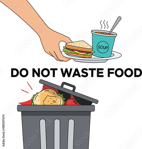 Do Not Waste Food Illustration Showing Discarded Sandwich And Soup In Trash Can Environment Concept