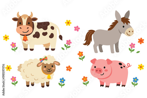 Cute farm animals with flowers, cow sheep donkey pig vector illustration.