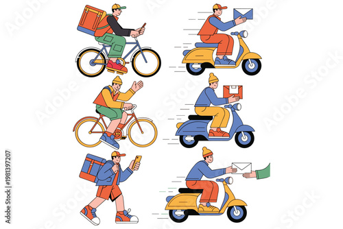 Delivery service characters set on bicycle and scooter delivering packages and envelopes.