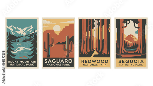 Vintage style travel posters of four US national parks on a white background