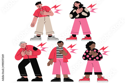 Diverse group of people experiencing heart attack and chest pain symptoms cartoon vector.