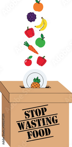 Stop Wasting Food Concept Illustration with Cardboard Donation Box and Fresh Organic Fruit Vegetable Icons