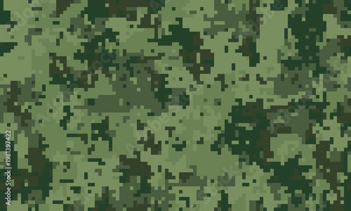 Abstract digital camouflage pattern in shades of green. Perfect for backgrounds, textures, militarythemed designs, or creating a sense of concealment and mystery.