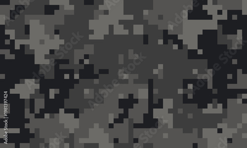 Abstract grayscale pixelated camouflage pattern.  Ideal for backgrounds, textures, or design elements needing a modern, stealthy aesthetic.