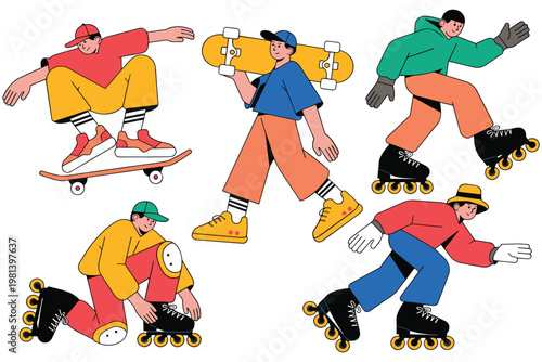 People skating and skateboarding characters performing extreme sports urban outdoor hobby.