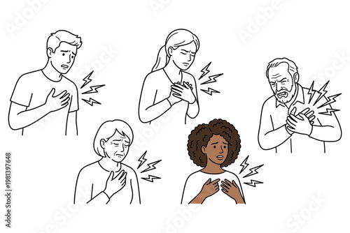 People suffering from chest pain and heart attack symptoms isolated on white background.