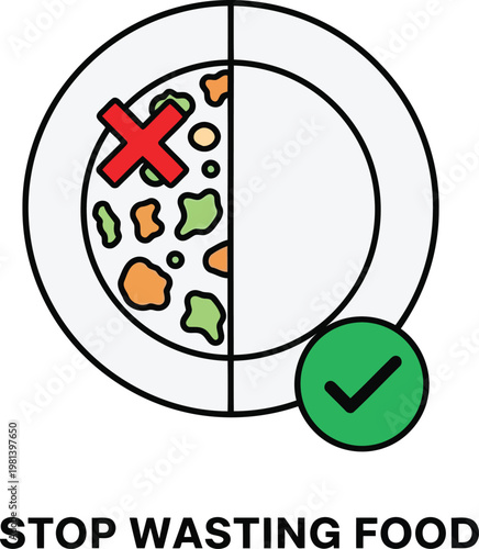 Stop food waste concept icon showing empty plate versus leftover meal for sustainability awareness campaign