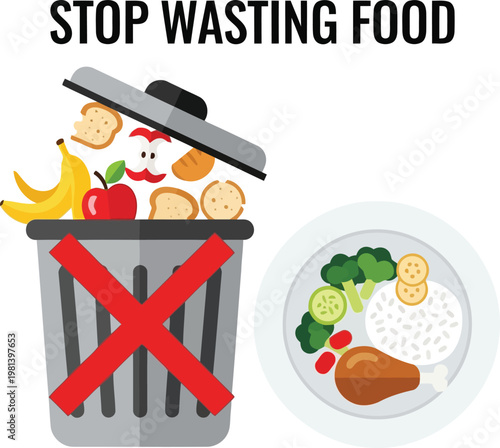 Stop wasting food conceptual illustration with trash bin and healthy meal on white background isolated
