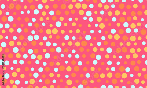 Vibrant pink background adorned with scattered pastel orange and light blue circles.  Ideal for playful designs, website banners, or textile prints. Evokes joy, energy, and a sense of fun.