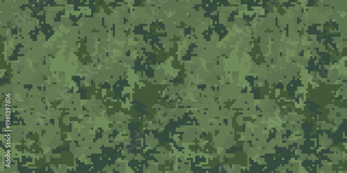 Digital camouflage pattern, perfect for military, hunting, or gaming designs.  This seamless texture offers a versatile, pixelated green design ideal for backgrounds, fabrics, or website elements.