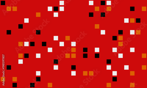 Abstract red background with scattered black, white, and orange squares.  Ideal for modern design, tech concepts, or presentations needing a vibrant, energetic feel.