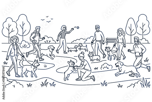 People walking with dogs in a park, line art illustration of pet owners.