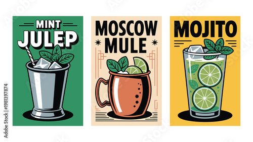 A colorful illustration of three popular cocktails, mint julep, Moscow mule, and mojito, in different glasses.