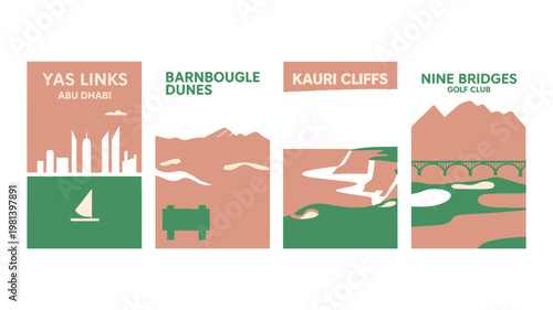 A graphic illustration of four golf courses with unique landscapes and names