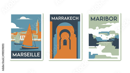 Three travel posters for Marseille, Marrakech, and Maribor on a white background