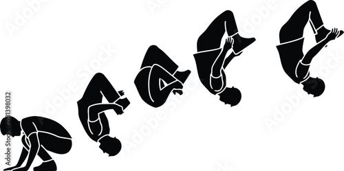 black silhouette of a person performing a backflip gymnastics movement isolated on white background