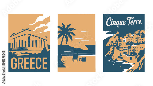 A set of vintage travel posters featuring iconic destinations in Greece and Cinque Terre