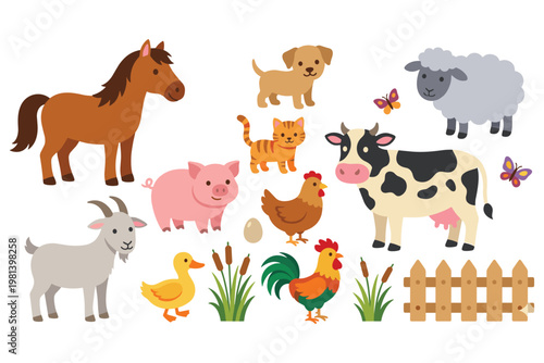 Set of cute cartoon farm animals including a horse pig dog cat sheep cow chicken.